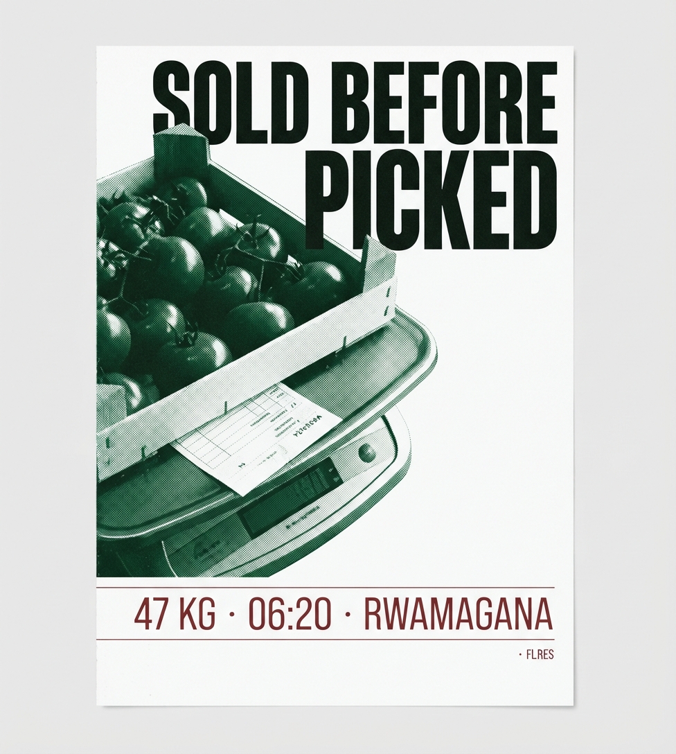 Editorial cover: a crate of tomatoes on a weighing scale, in Botanical Green halftone, with an Oxblood data strip reading 47 KG · 06:20 · RWAMAGANA